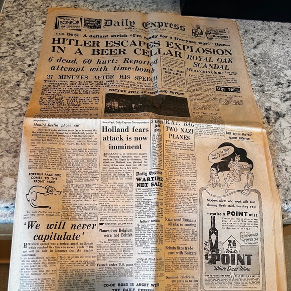 DAILY EXPRESS WW2 EXPLOSION IN BEER CELLAR NEWSPAPER NOV 1939 - Picture 1 of 4